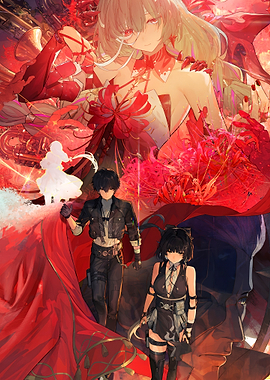 Anime Characters in Red Floral Setting