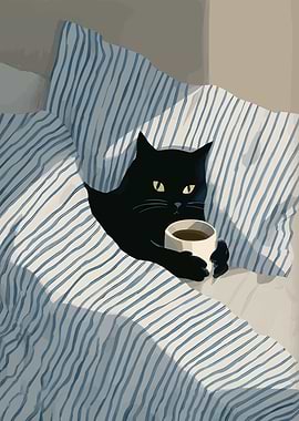 Black cat with coffee in bed