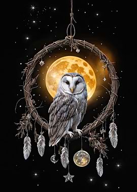 Owl on Dreamcatcher with Moon