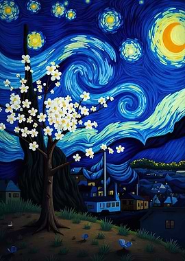 Starry Night with Blossoming Tree
