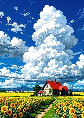 Sunflower Field House Anime Style