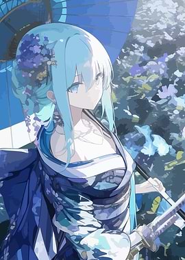Anime Girl with Umbrella and Kimono