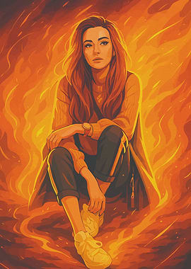 Girl in Orange Flame Digital Art