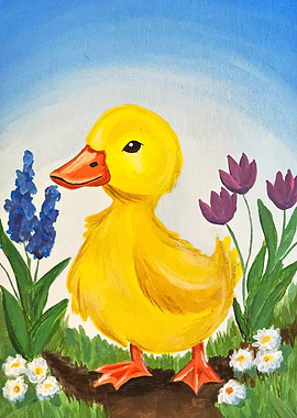 Yellow Duckling in a Floral Meadow