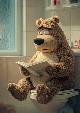 Sad Bear Reading on Toilet