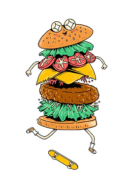 Cartoon Burger on Skateboard