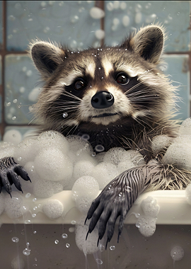 Raccoon in a bubble bath