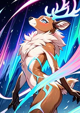 Anthropomorphic Deer with Aurora Background