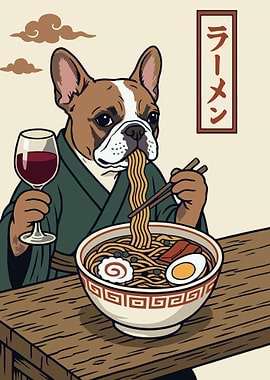 Dog Eating Ramen and Drinking Wine