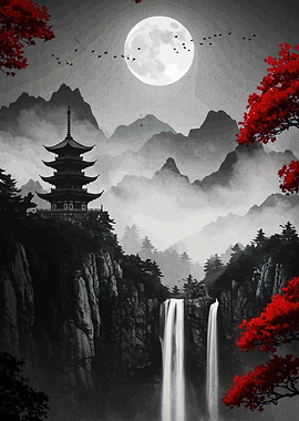Japanese Pagoda Waterfall Landscape with Moon