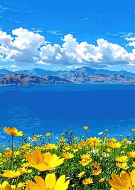 Floral Landscape with Mountains and Lake