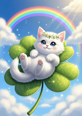 Lucky Cat on Clover with Rainbow