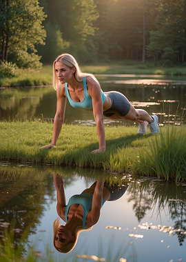 Woman doing push-ups by lake