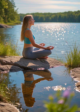 Woman Meditating by Lake Reflection