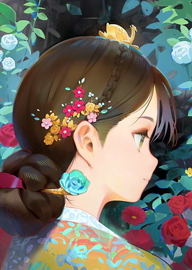 Anime Girl in Floral Garden