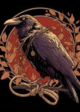 Raven with Coins and Rope Perch