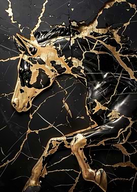 Golden Horse on Black Marble