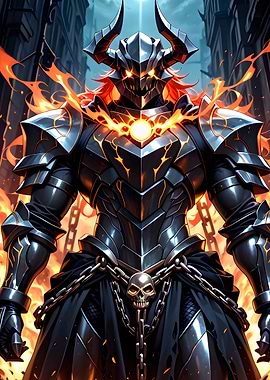 Fiery Knight in Dark Cityscape