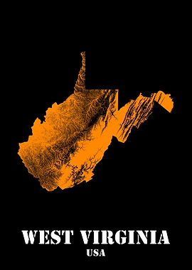 West Virginia USA State Minimalist Black Orange Topographic Contour Map featuring terrain in orange color