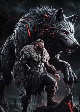 Viking Warrior with Giant Wolf Companion