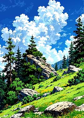 Anime Landscape with Rocks and Trees