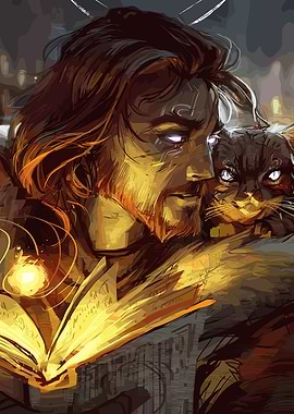 Wizard with Cat and Glowing Book