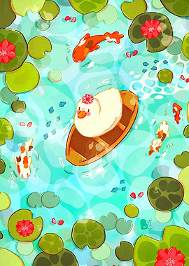 Duck in Boat with Koi Fish