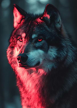 Wolf Portrait with Red Lighting