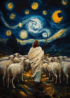 Shepherd and Sheep in Starry Night
