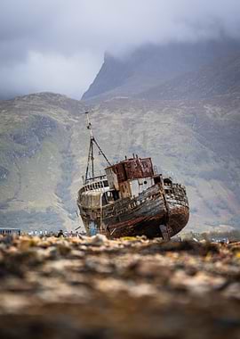 Wrecked Ship in Scottish Landscape