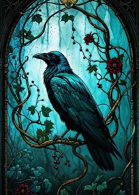 Raven Perched in Floral Gothic Window