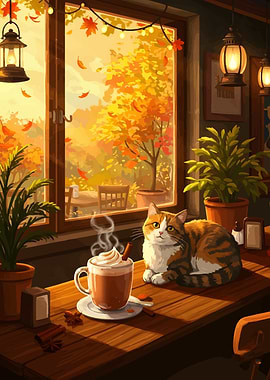 Autumn Cat Cafe Scene
