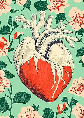 Anatomical Heart Floral Pattern Art