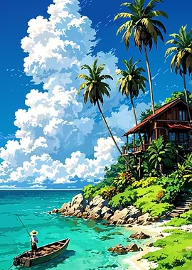 Tropical Island Fishing Scene