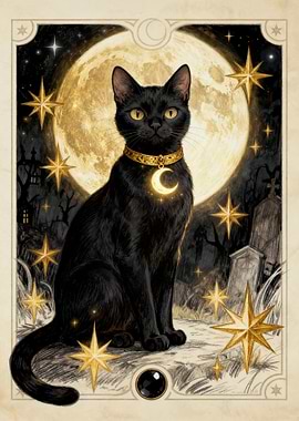 Mystical Black Cat under the Full Moon
