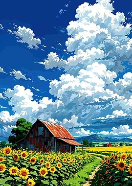 Sunflower Field with Barn and Sky