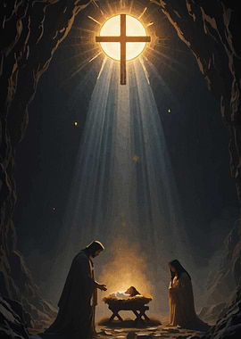 Nativity Scene with Cross and Light