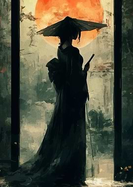Japanese Woman with Umbrella and Moon