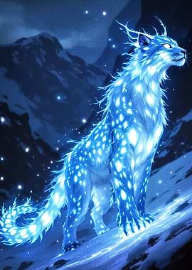 Glowing Blue Feline Snowy Mountains