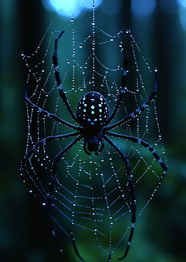 Spiderweb with dew drops and spider