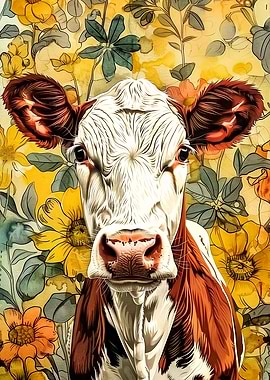 Cow Portrait with Floral Background