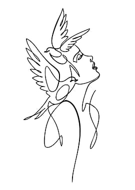 Woman and Birds Line Art