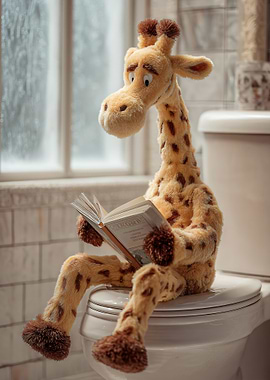 Giraffe reading on the toilet