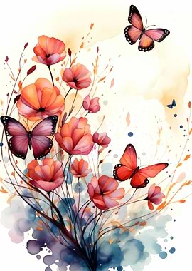 Watercolor Flowers and Butterflies Illustration