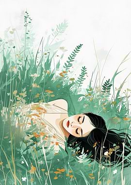 Woman Lying in Grass Illustration