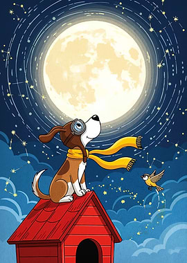 Dog on Doghouse Gazing at Moon