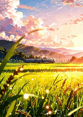 Rural Landscape with Train and Sunset