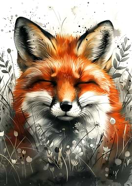 Watercolor Fox Portrait with Closed Eyes