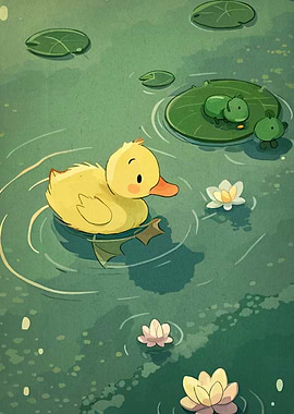 Cute Duckling in a Pond Illustration