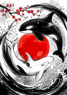 Yin Yang Orca Japanese Cherry Blossom